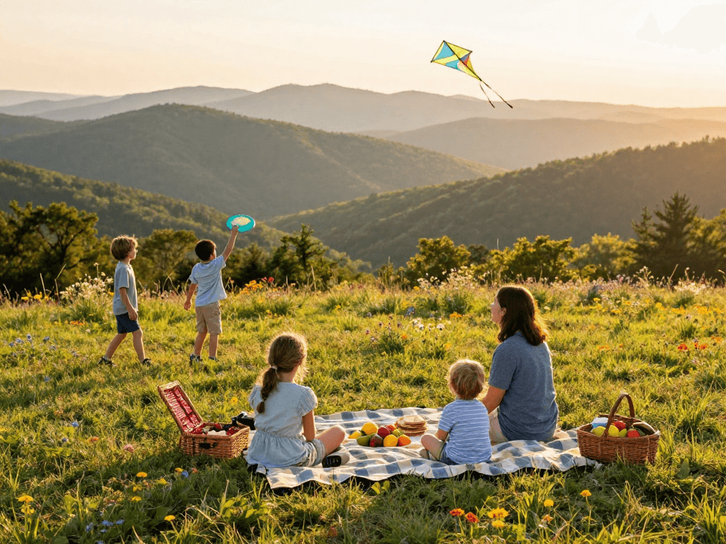 Family enjoying a picnic at the best places to live in north carolina with scenic mountain views.