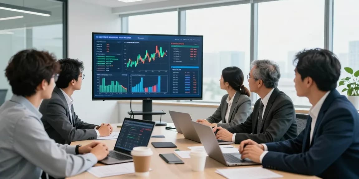 Collaboration dans un bureau moderne sur le CIBC business avec des professionnels discutant autour de données financières.