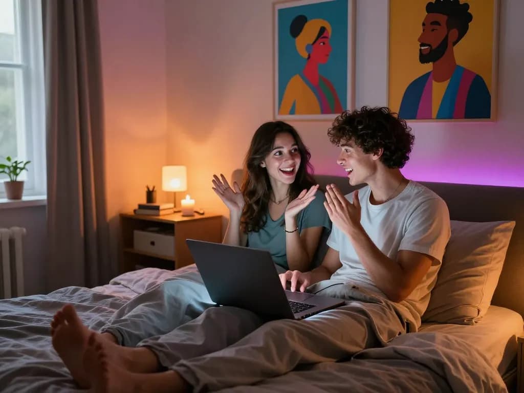 Engaging ai porn chat scene in a cozy bedroom with a couple interacting with AI characters.
