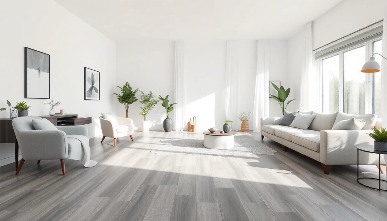 Showcase of grey vinyl flooring elevating a stylish living room with modern decor and natural light.