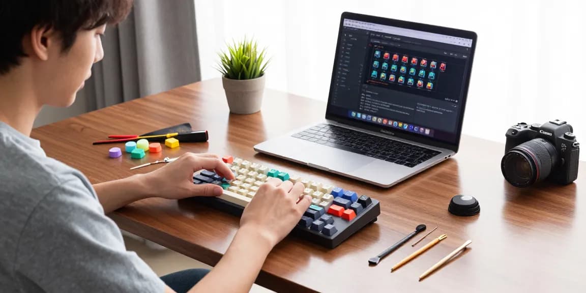 MCHOSE K99 mechanical keyboard assembly scene with colorful keycaps and key switches in a bright workspace.