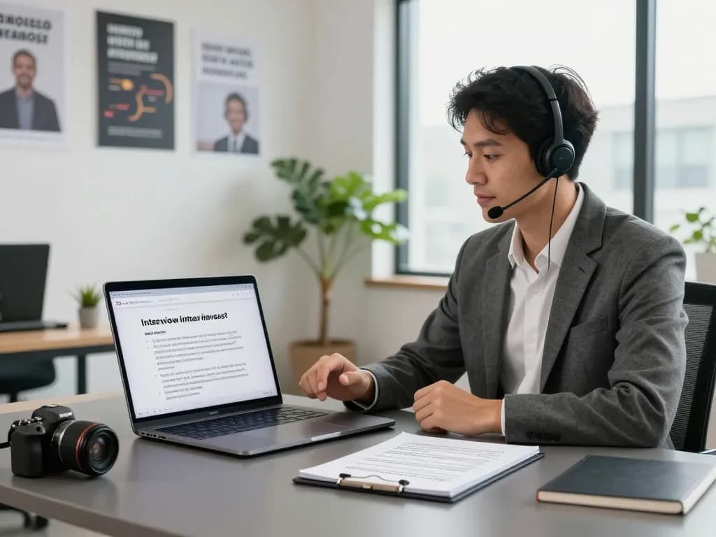 Candidate practicing for an AI interview in a modern workspace with laptop and notepad.