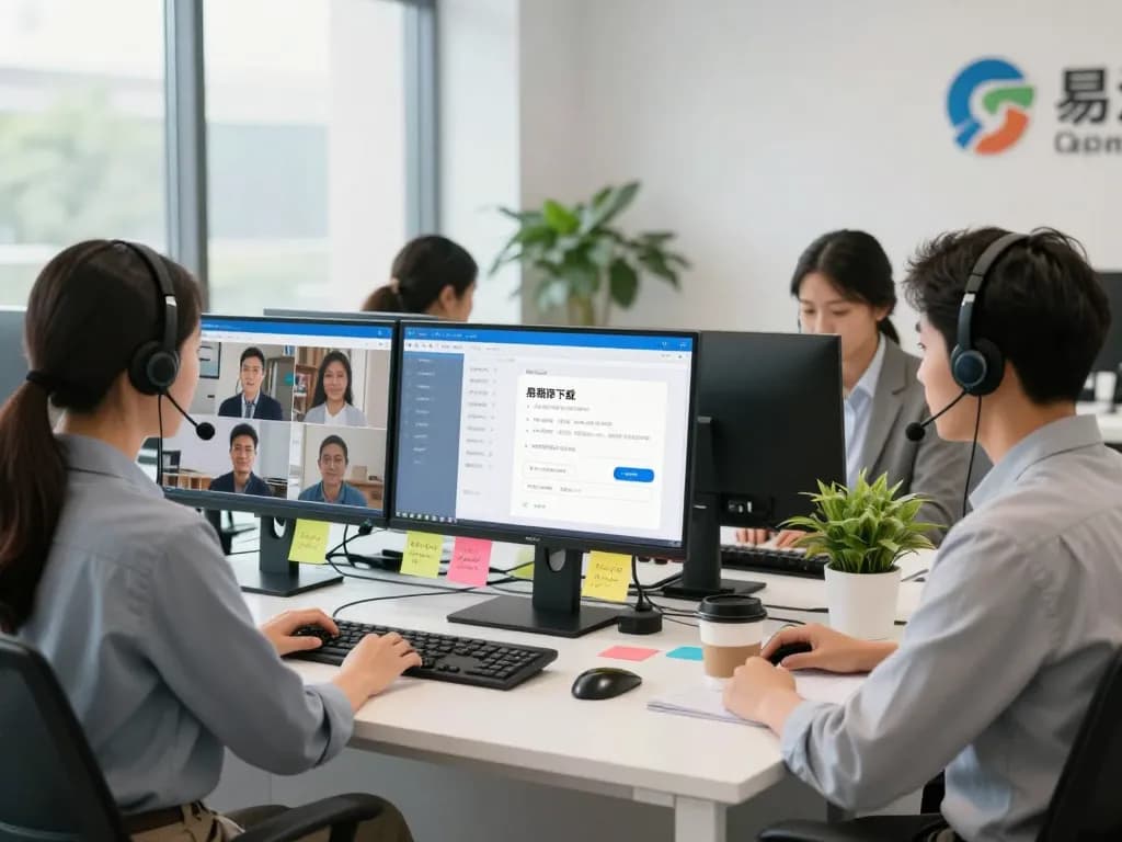 客户服务代表在现代办公室中使用易翻译下载提供多语言支持。