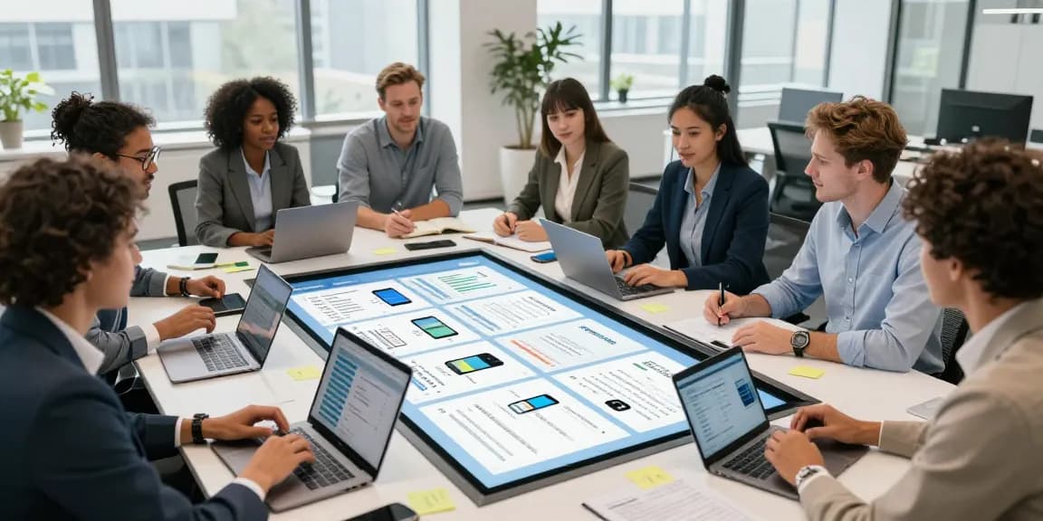 Engaged professionals collaborating to compare business mobile deals UK in a modern office setting, showcasing diverse team dynamics.