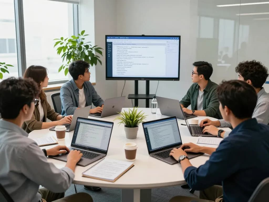 一组专业人士在现代办公室使用有道翻译进行协作翻译项目。