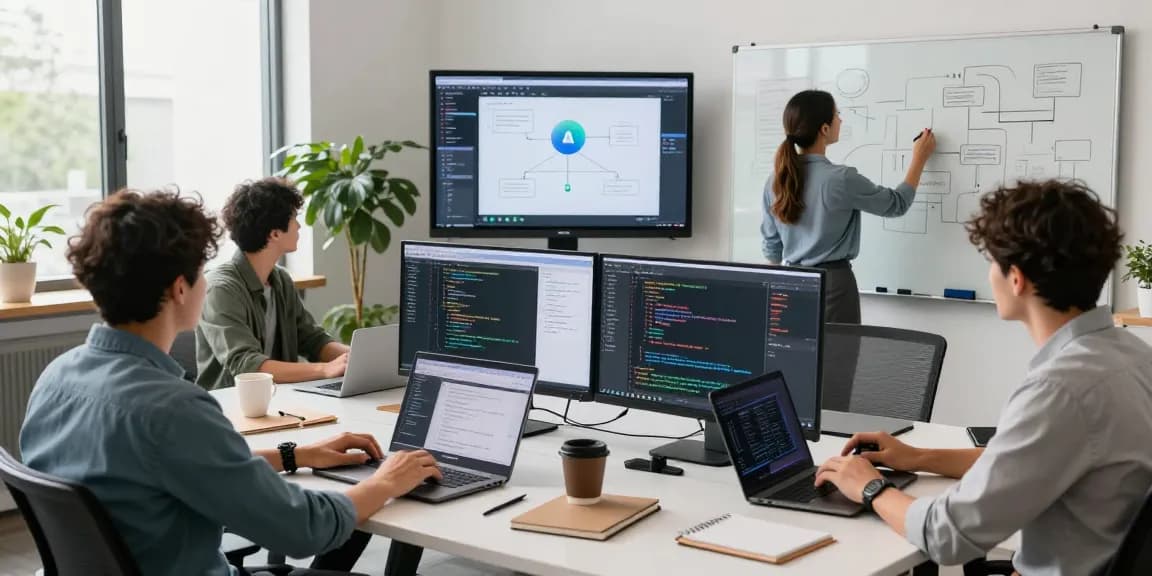 Team collaborating to build internal tools with AI in a modern workspace with code and designs.