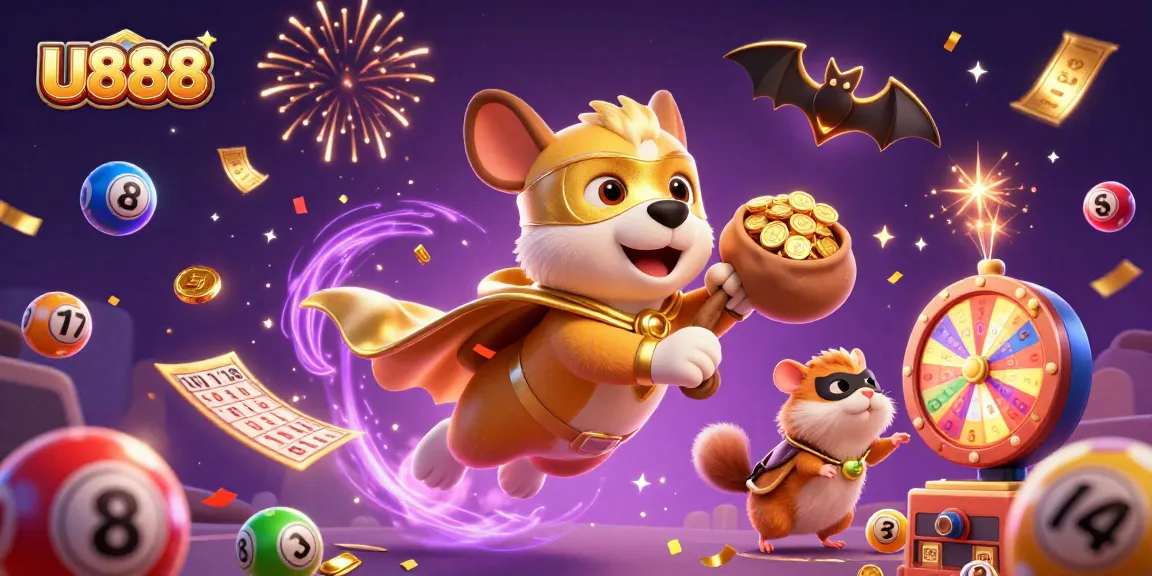 U888's superhero dog commands attention while flying through a vibrant casino-themed scene of excitement and color.