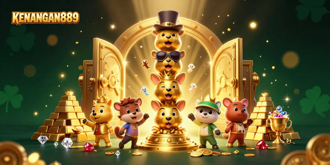 Experience immersive gaming with KENANGAN889's vibrant casino illustration featuring lively characters and treasures.