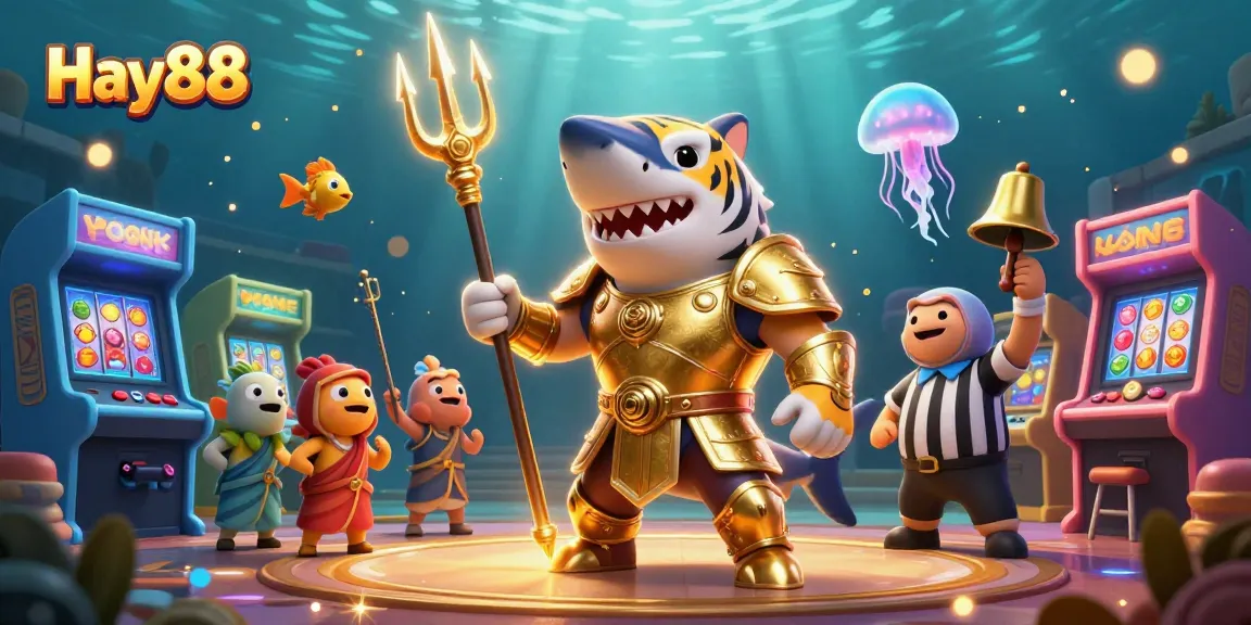 Experience the excitement of Hay88 with a vibrant underwater casino scene featuring a shark in gladiator armor.