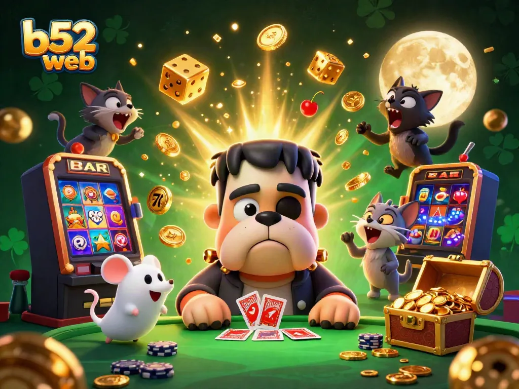 Engage with b52 web's vibrant casino scene featuring a unique 3D bulldog dealer and lively gaming elements.