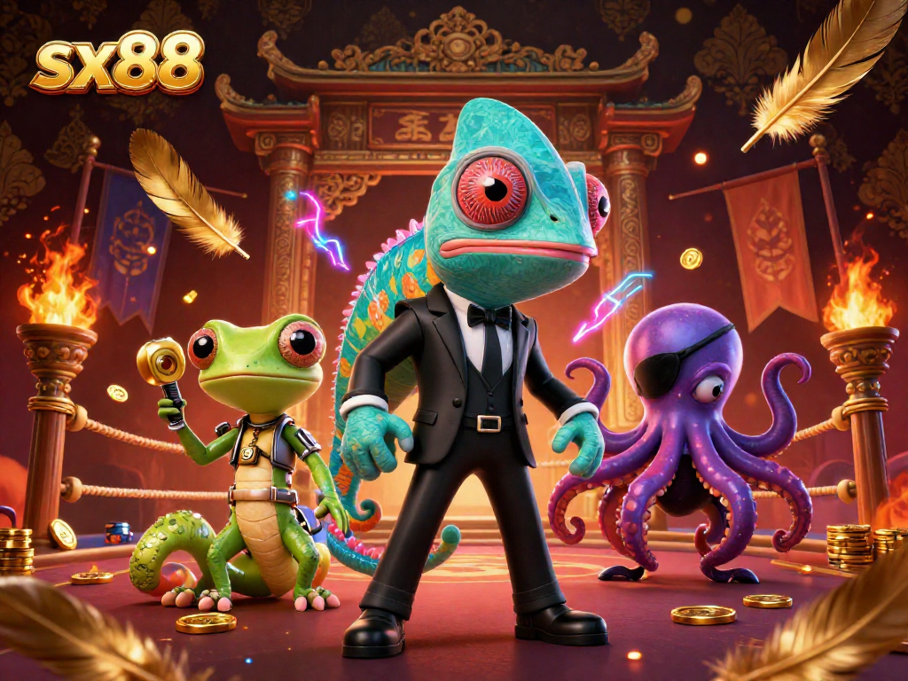 SX88 casino chameleon and gecko strategize over gold tokens in a vibrant, dynamic scene.