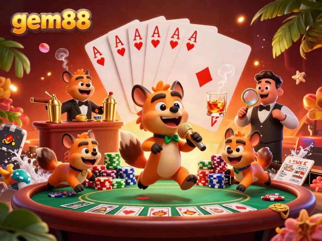 Hyenas entertaining at gem88's vibrant casino scene with poker and drinks.