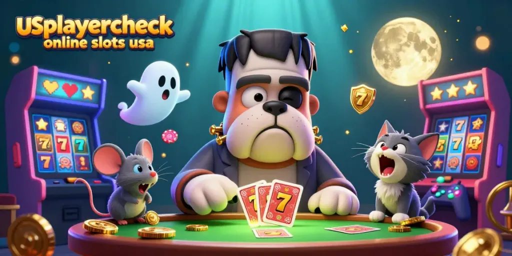 Experience thrilling gameplay with usplayercheck online slots usa at a spooky casino table featuring a bulldog dealer and floating chips.
