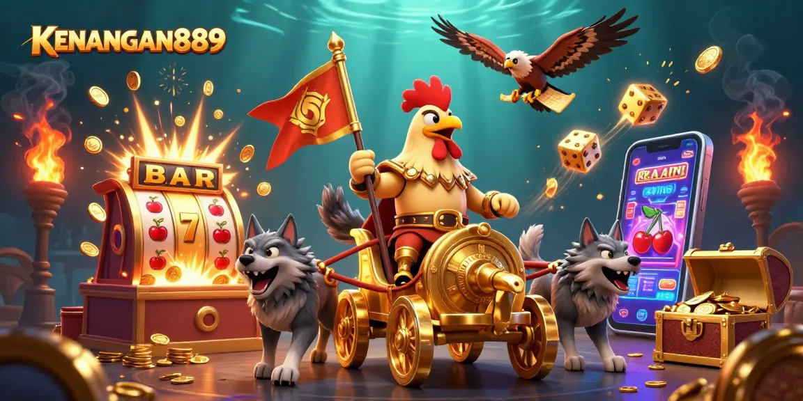 Engage with KENANGAN889's thrilling casino experience featuring a dynamic 3D cartoon scene.