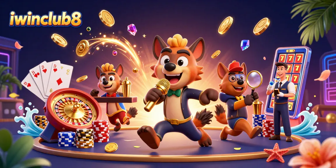 iwinclub8 comedians engage players at a casino, with humor and excitement in a vibrant scene.