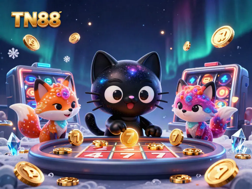 Experience the excitement of TN88 with a cosmic casino scene featuring a black hole cat and colorful fox.