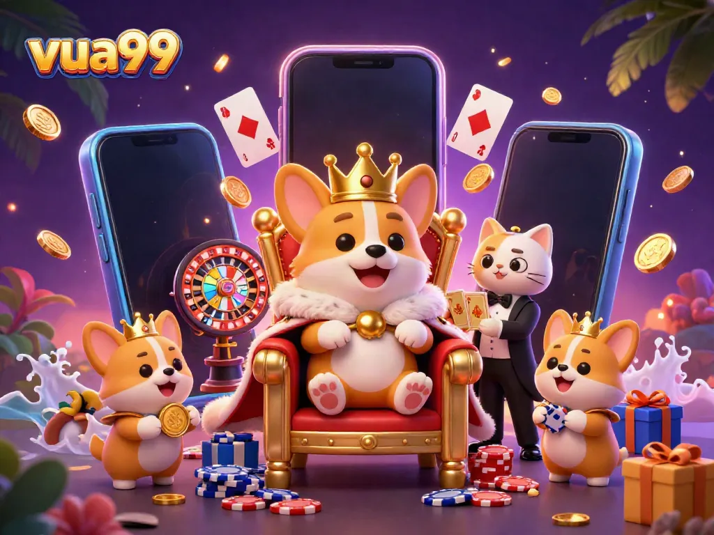 Engage in thrilling gaming at VUA99 with vibrant 3D characters celebrating gambling excitement.