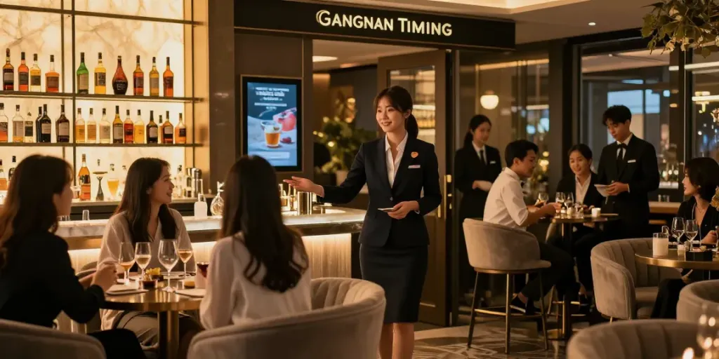 강남 타이밍에서 고급스러운 분위기 속에서 손님을 맞이하는 예은 마담의 모습
