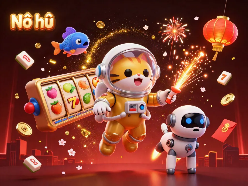 Nổ hũ slots jackpot scene with a cat astronaut, robot dog, and swirling casino elements.