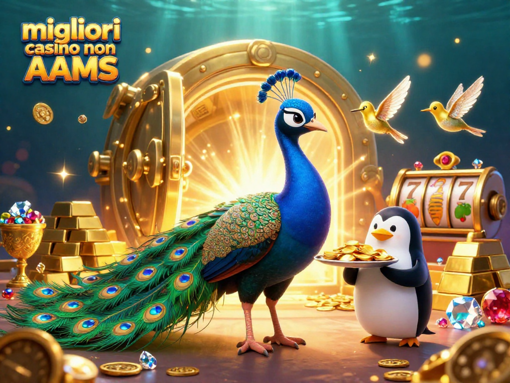 Scopri i migliori casino non AAMS con un'illustrazione 3D in cartone animato di un pavone e un pinguino.