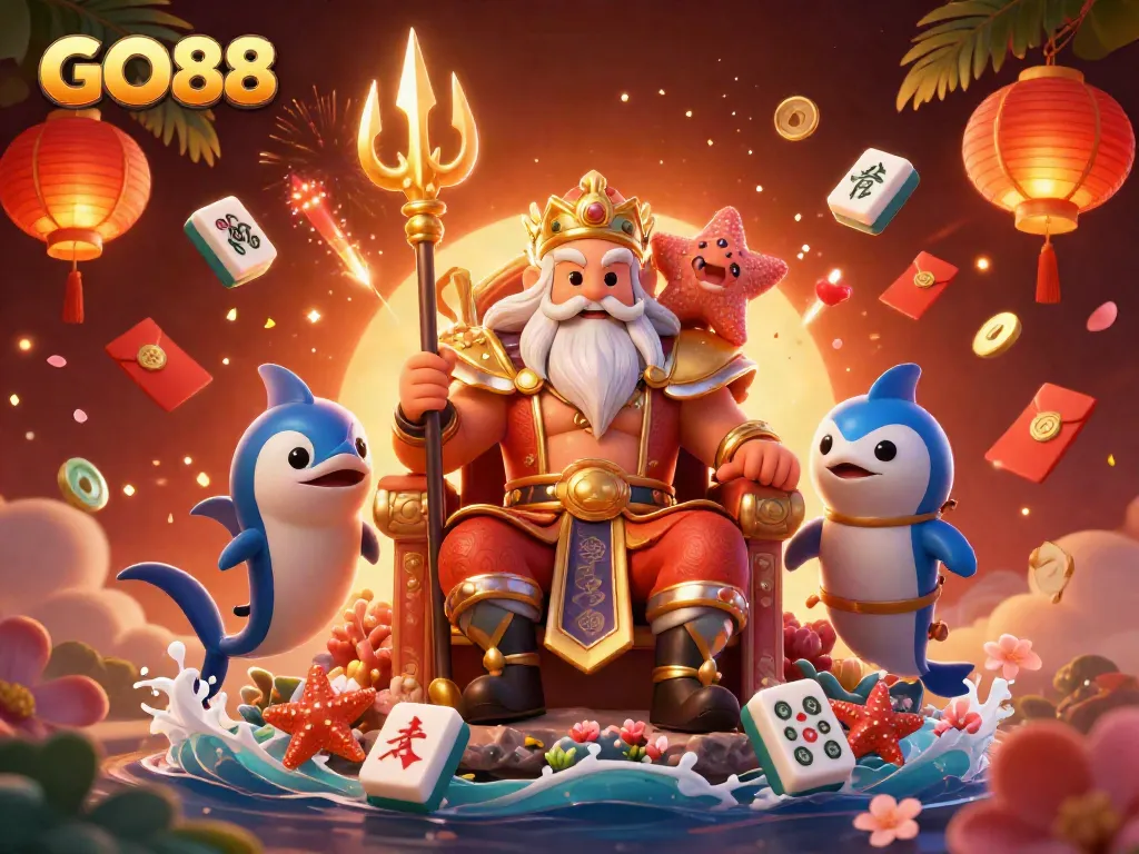 Experience the thrill of GO88 with Neptune and his samurai in an enchanting casino scene.
