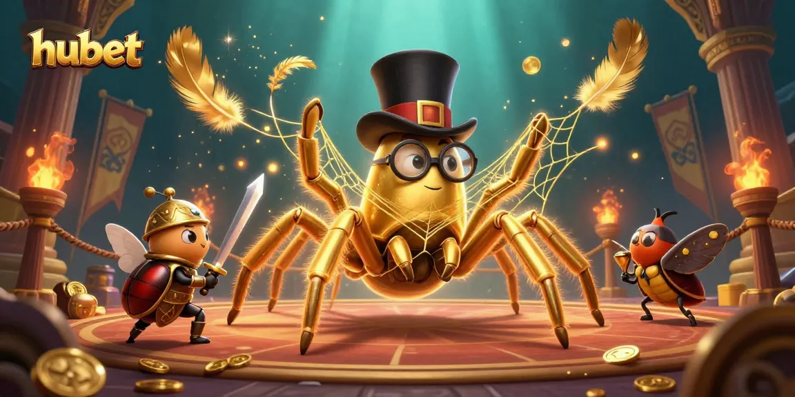 Engage with hubet's thrilling casino world as a golden tarantula weaves its web among vibrant gaming elements.