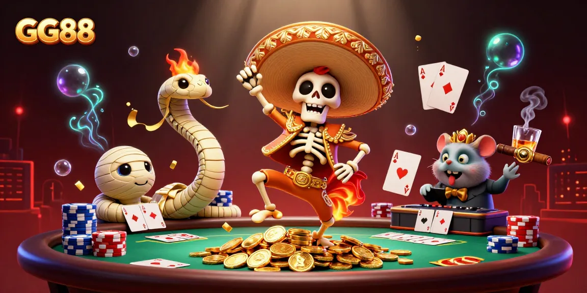 Experience excitement at GG88 with a lively 3D casino scene featuring unique characters and gambling elements.