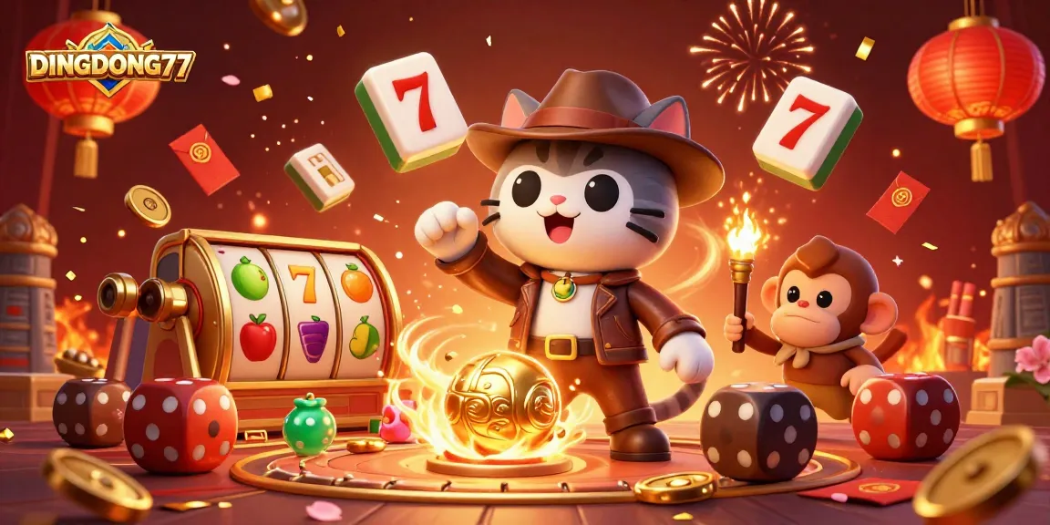 DINGDONG77 showcases a vibrant casino adventure, featuring characters amid golden slot reels and dynamic game elements.