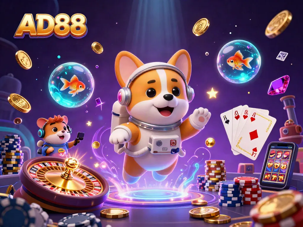 AD88 engages players in an exciting space casino scene with drifting poker chips and golden coins.