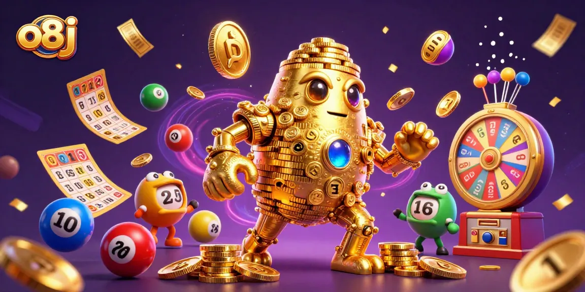 Spin the reels with O8J's dynamic golden golem and colorful lottery balls in a vivid casino scene.