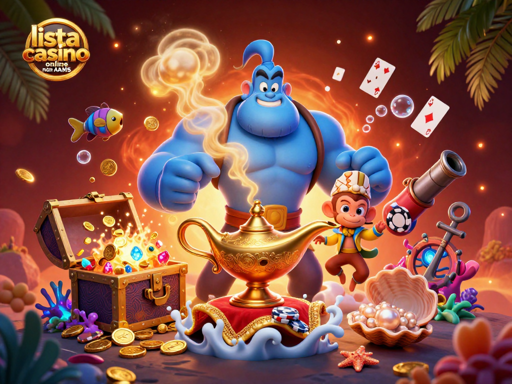 Illustrazione 3D di una lampada magica con un genio blu e un tappeto volante, rappresentante la lista casino online non AAMS.