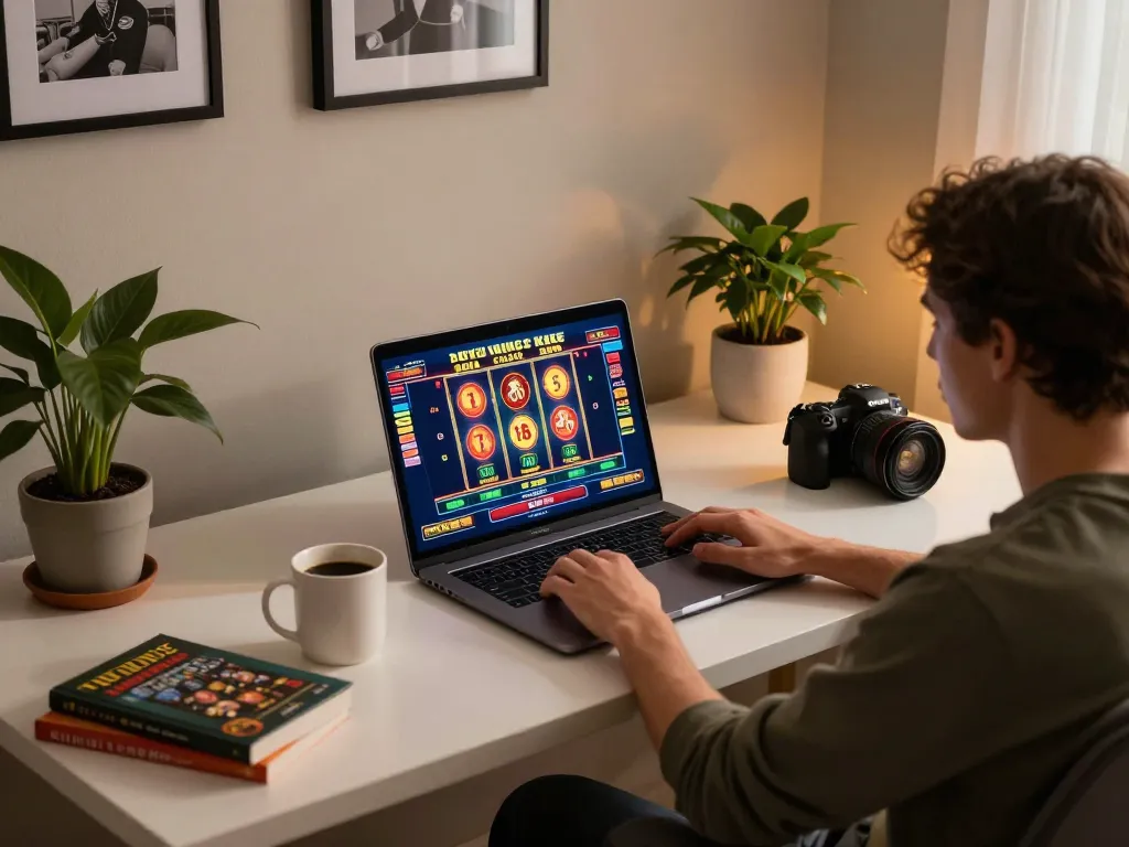 B52club player enjoying an online slots game at home, showing vibrant graphics and strategy elements.