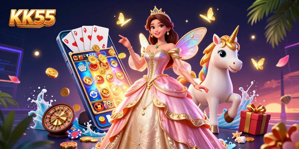Experience exhilarating casino gameplay with KK55's vibrant characters and gaming elements.