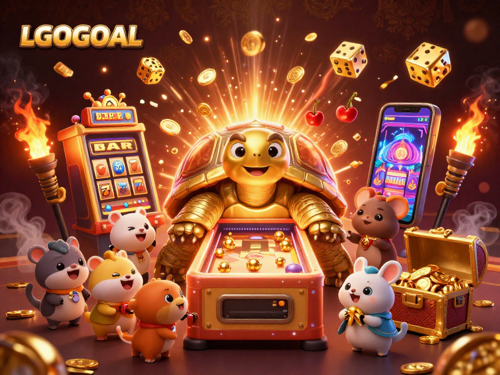 Experience LGOGOAL with dynamic gambling fun, featuring a captivating golden tortoise and slot machine.