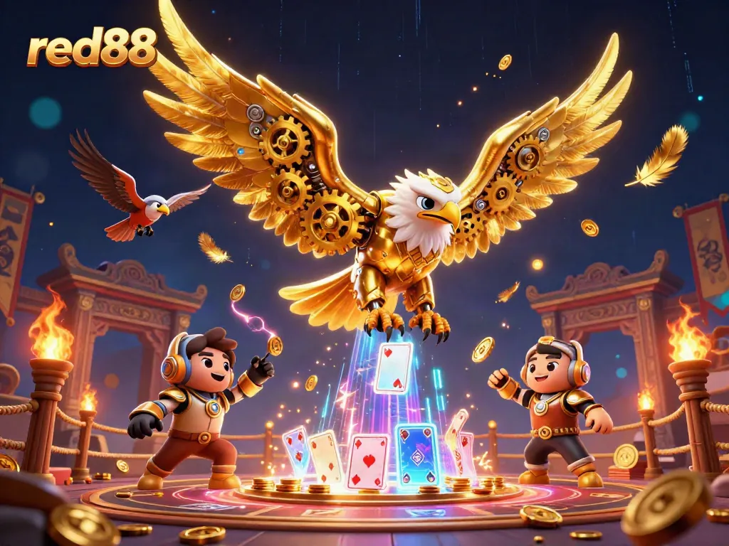 Experience high-stakes gaming at red88 with a cybernetic eagle soaring through a world of holographic cards.
