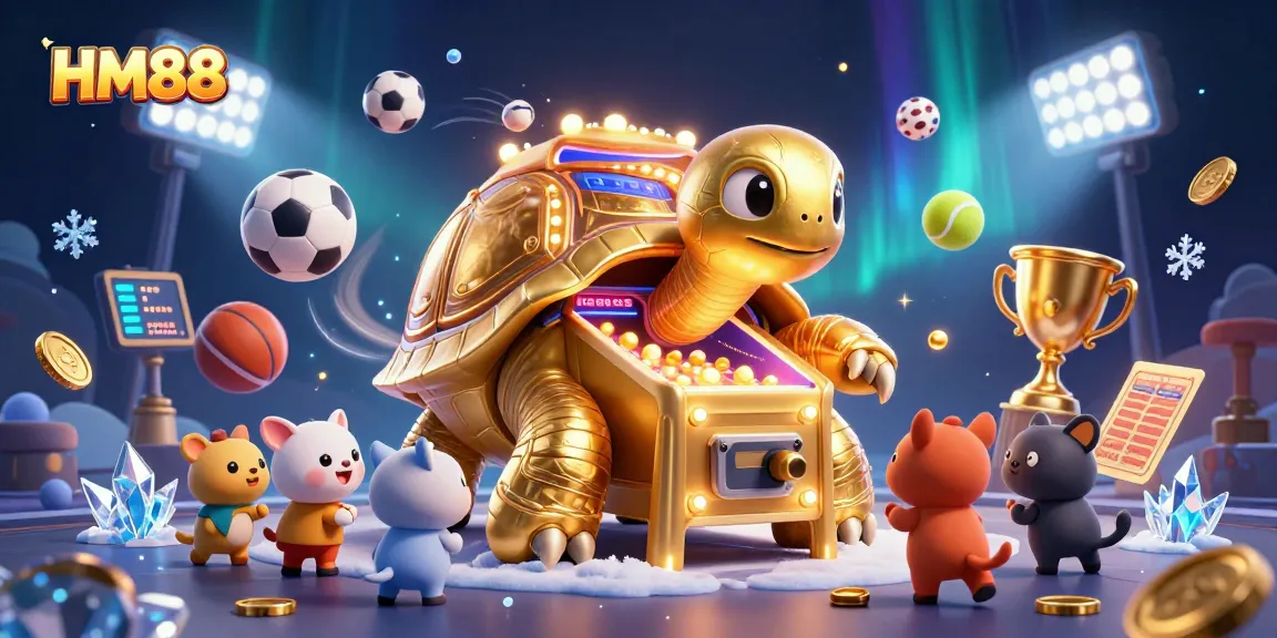Engage with the thrilling HM88 casino experience featuring a golden tortoise pinball machine and dynamic sports elements.