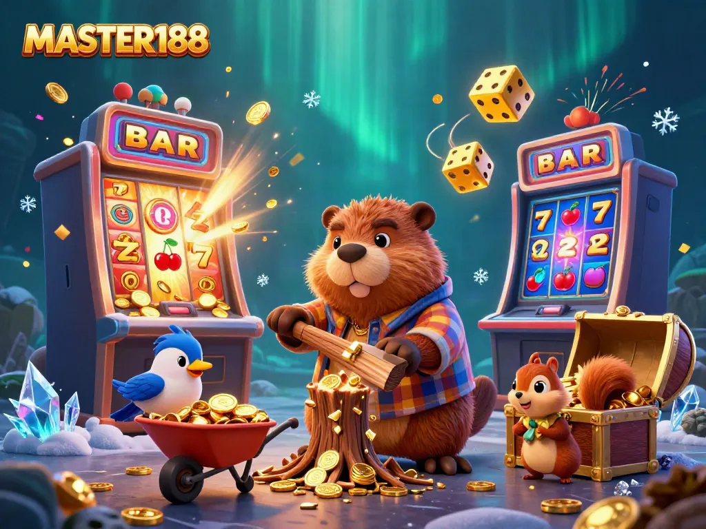 Experience the exciting gameplay at MASTER188 with a beaver and friends amid golden coin rain.