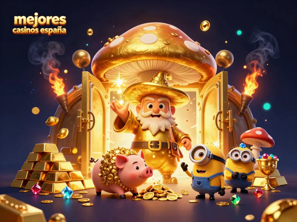 Ilustra los mejores casinos en España con un mago dorado y tesoros brillantes.