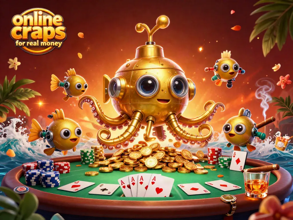 Experience online craps for real money in this immersive 3D casino scene filled with vibrant elements.