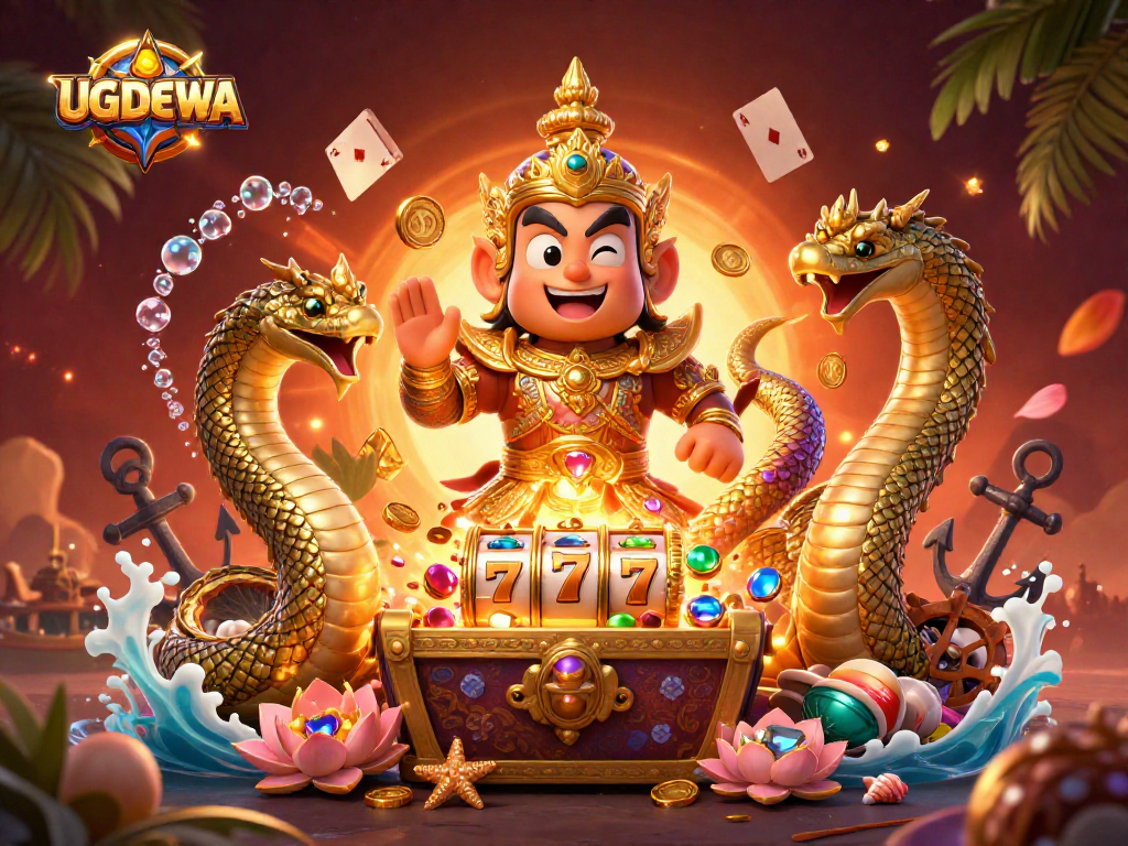 UGDEWA brings excitement with a 3D guardian and slot reels, showcasing vibrant gambling elements.