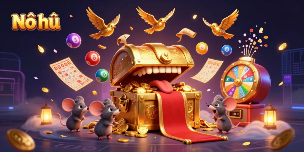 Nổ hũ reveals exciting jackpot treasures while colorful lottery balls bounce dynamically around it.