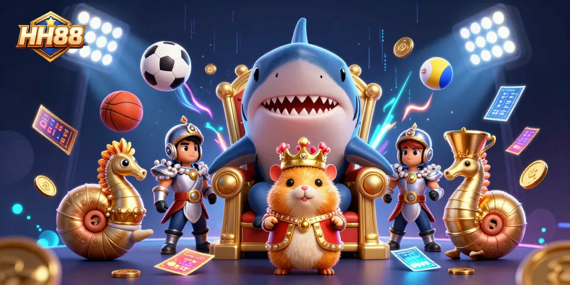 Engage in thrilling gameplay at HH88 with a golden hamster king surrounded by dynamic sports and casino elements.
