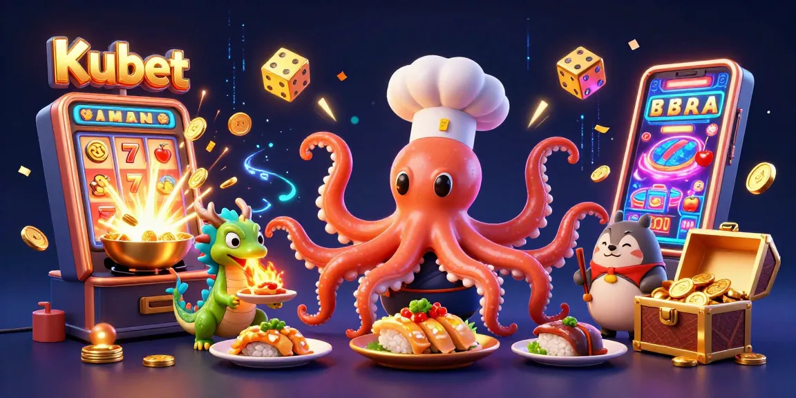 Kubet casino scene featuring an octopus chef, a dragon, and dynamic game elements exploding with rich detail.