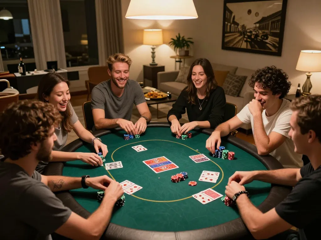 Friends enjoying a poker game at home, showcasing a vibrant scene of engaging togel singapore gameplay.