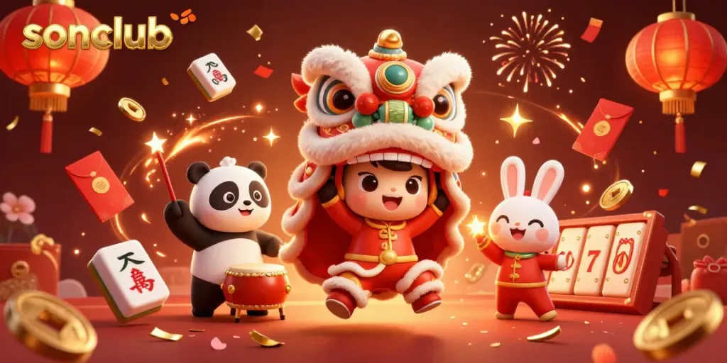 Experience the thrilling dynamics of sonclub with an energetic lion dance, vibrant fireworks, and casino elements.