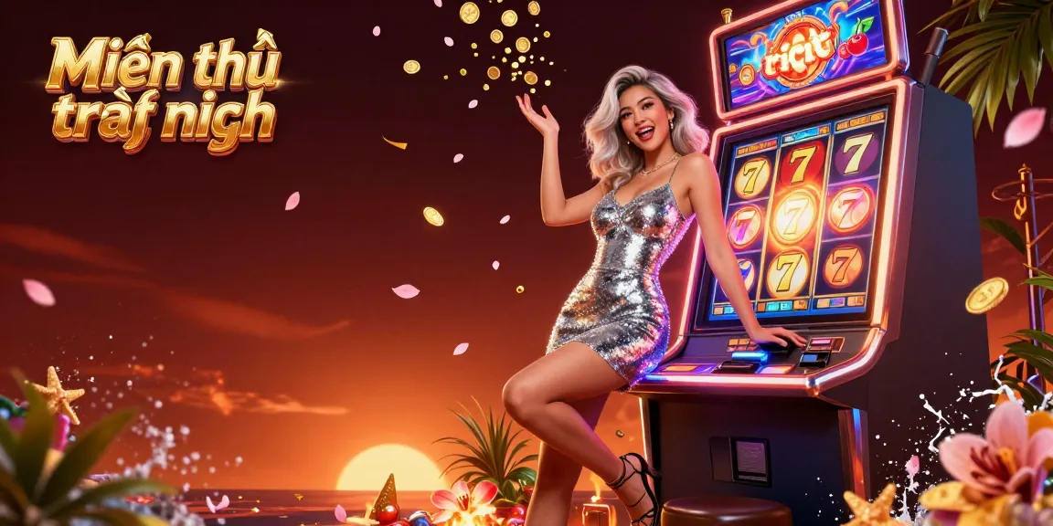 Experience the thrill of Miễn trừ trách nhiệm at a casino with a celebratory woman and jackpot excitement.