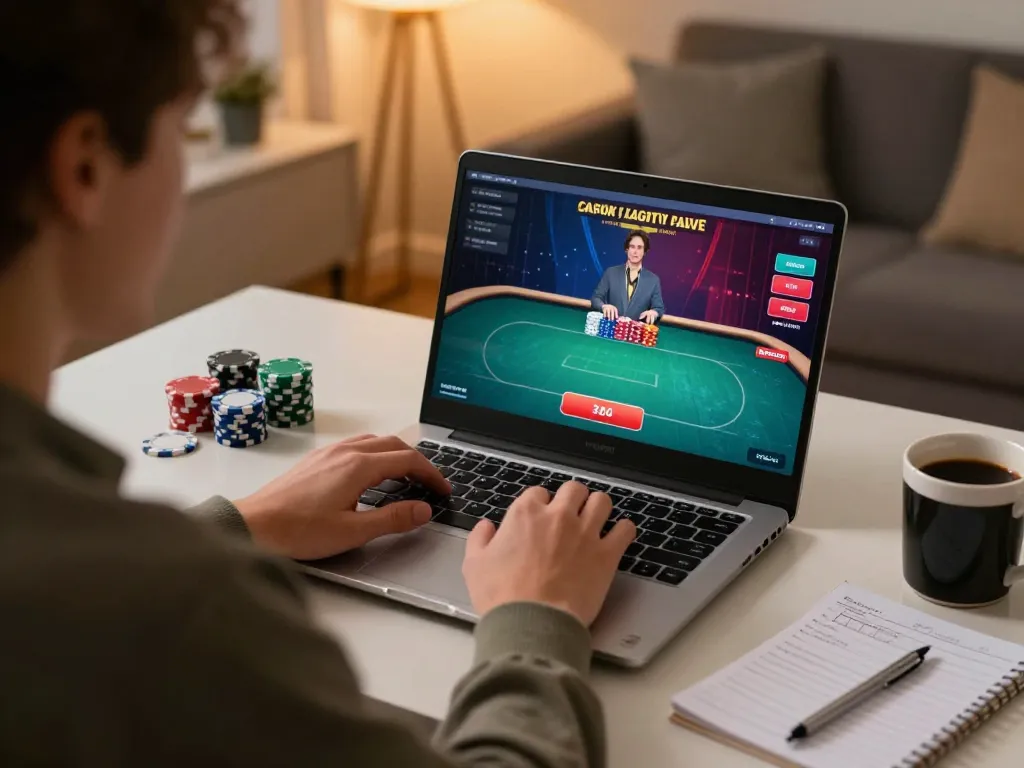 sunwin player actively engaged in an online poker game, showcasing chips and a winning hand in cozy home setting