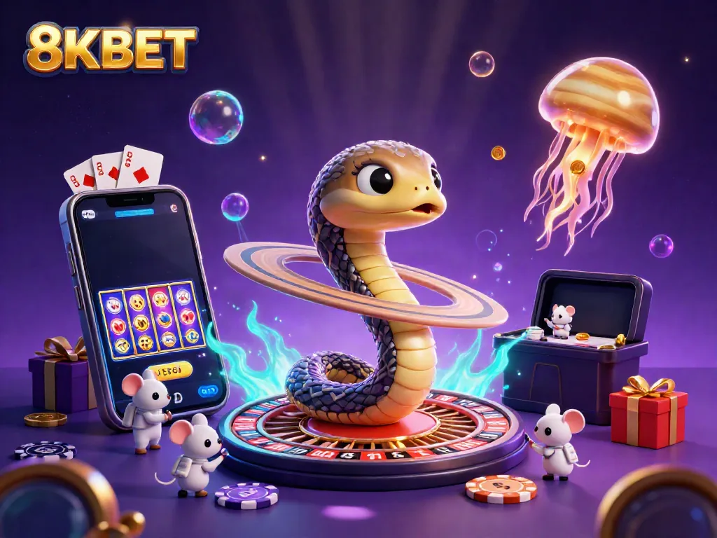 Experience the thrilling world of 8KBET with a vibrant cosmic casino scene featuring a snake roulette wheel and playful astronaut mice.