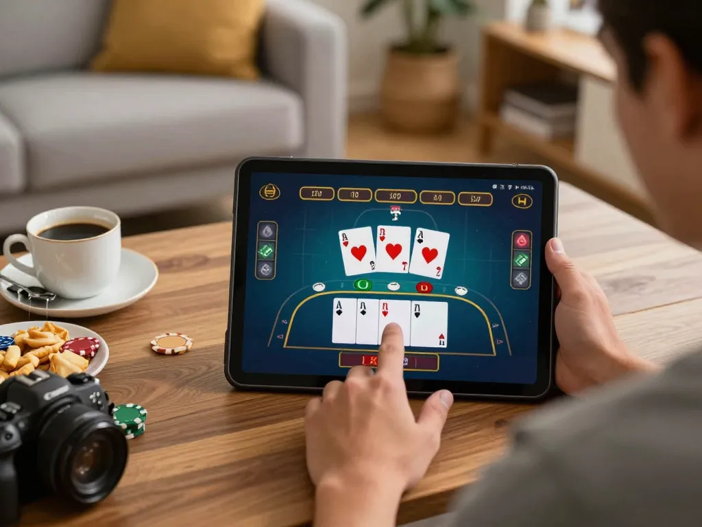 Player enjoying qh88go online blackjack on a tablet, cozy home atmosphere enhancing gambling experience.