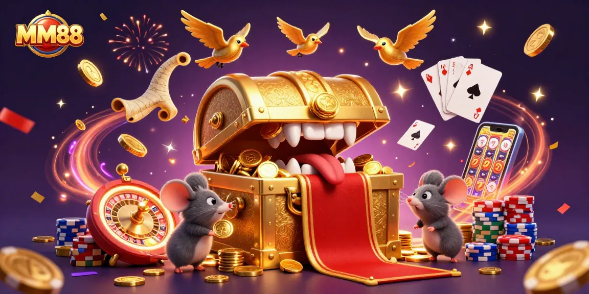 Experience thrilling gaming adventures with MM88's vibrant 3D casino illustration featuring treasure and riches.